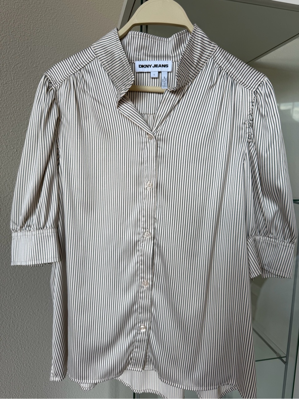 DKNY Striped White and Black Button-Up Dress Shirt